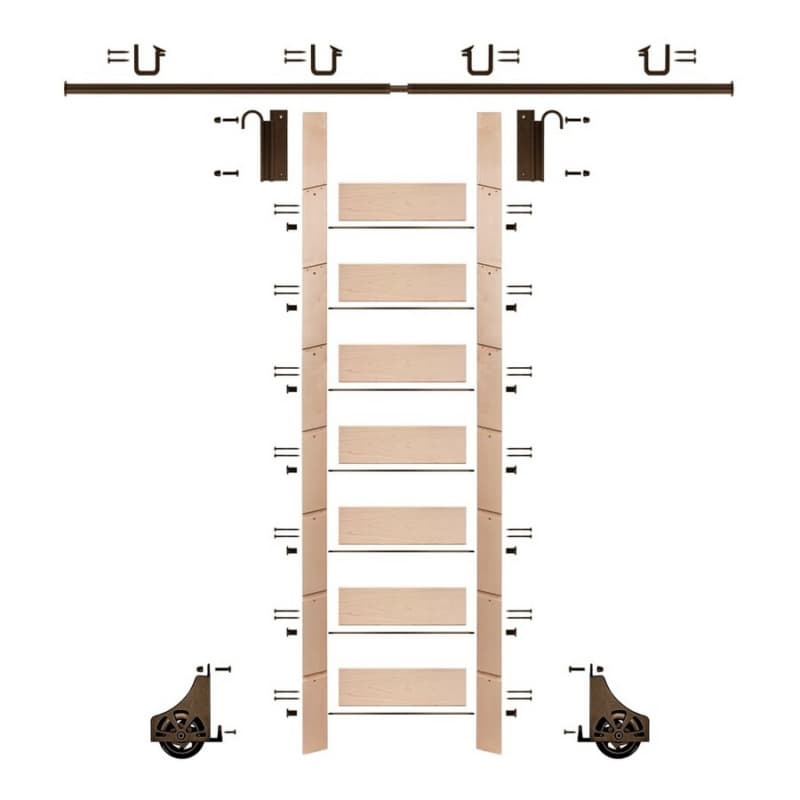 92" Clear Prefinished Maple Library Ladder/Sliding Hook Ladder Kit with 8' Rail, Bronze