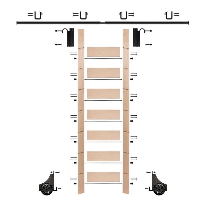 92" Clear Prefinished Maple Library Ladder/Sliding Hook Ladder Kit with 8' Rail, Black