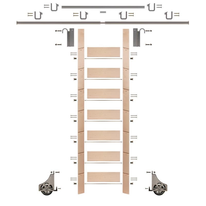 92" Unfinished Maple Library Ladder/Sliding Hook Ladder Kit with 12' Rail, Satin Nickel