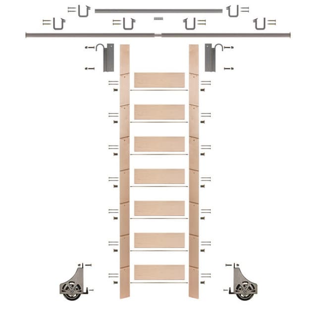 Unassembled 92" Tall Library Ladder with Mounting Hardware, Unfinished Maple, Quiet Glide