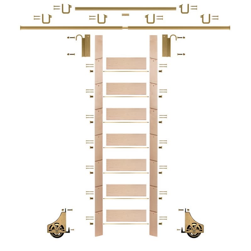 92" Unfinished Maple Library Ladder/Sliding Hook Ladder Kit with 12' Rail, Polished Brass