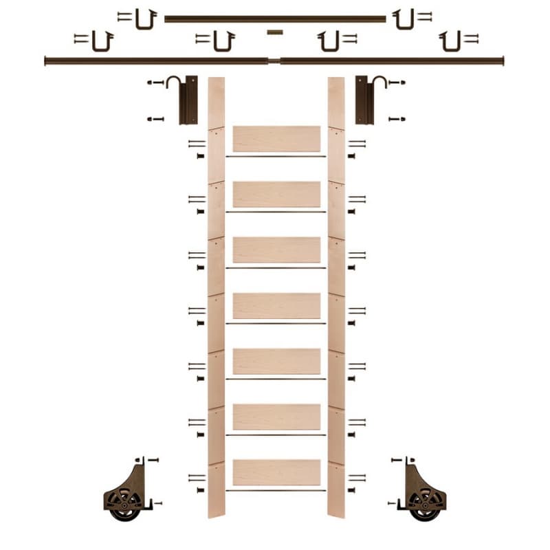 92" Unfinished Maple Library Ladder/Sliding Hook Ladder Kit with 12' Rail, Bronze
