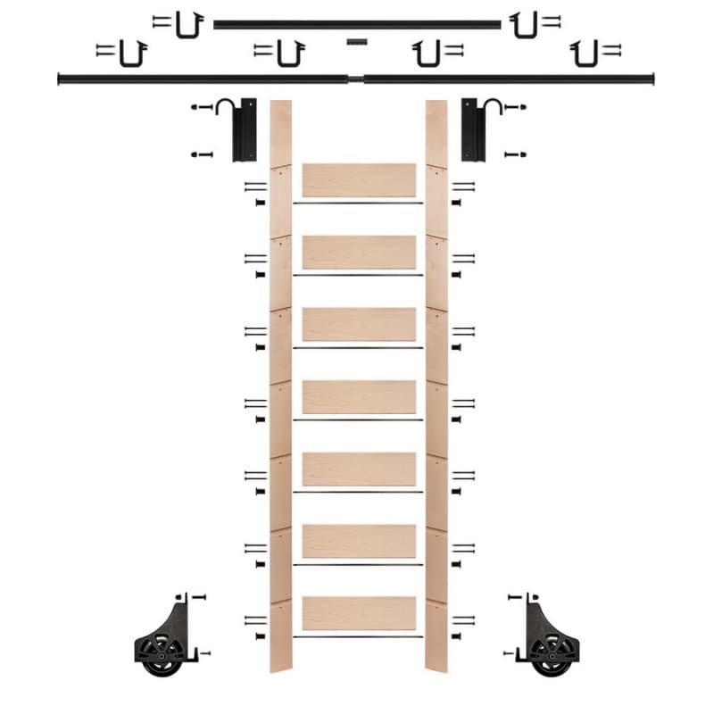 92" Unfinished Maple Library Ladder/Sliding Hook Ladder Kit with 12' Rail, Black