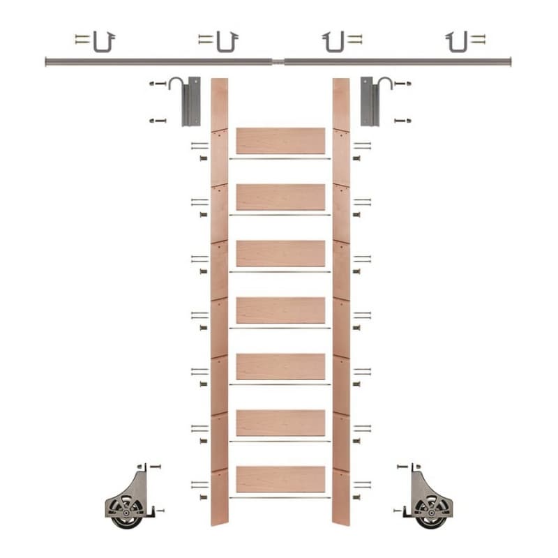 92" Clear Pre-Finished Red Oak Library Ladder/Sliding Hook Ladder Kit with 8' Rail, Satin Nickel
