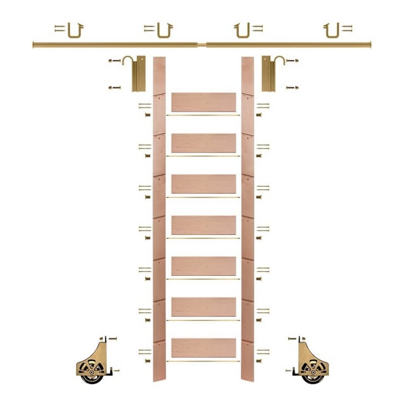 92" Unfinished Red Oak Library Ladder/Sliding Hook Ladder Kit with 8' Rail, Polished Brass