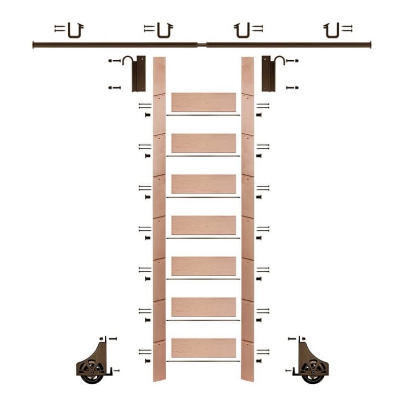 92" Clear Pre-Finished Red Oak Library Ladder/Sliding Hook Ladder Kit with 8' Rail, Bronze