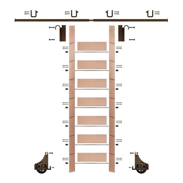 Unassembled 92" Tall Library Ladder with Mounting Hardware, Unfinished Red Oak, Quiet Glide