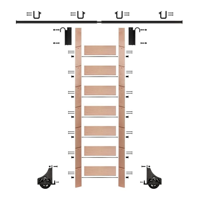 92" Unfinished Red Oak Library Ladder/Sliding Hook Ladder Kit with 8' Rail, Black