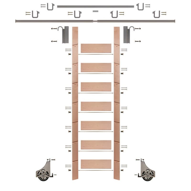 92" Clear Pre-Finished Red Oak Library Ladder/Sliding Hook Ladder Kit with 12' Rail, Satin Nickel