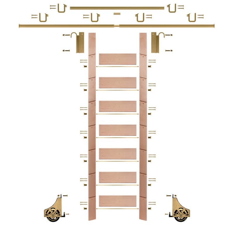 92" Clear Pre-Finished Red Oak Library Ladder/Sliding Hook Ladder Kit with 12' Rail, Polished Brass