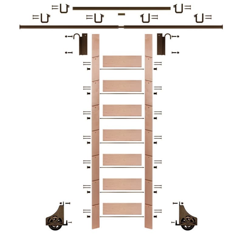 92" Clear Pre-Finished Red Oak Library Ladder/Sliding Hook Ladder Kit with 12' Rail, Bronze