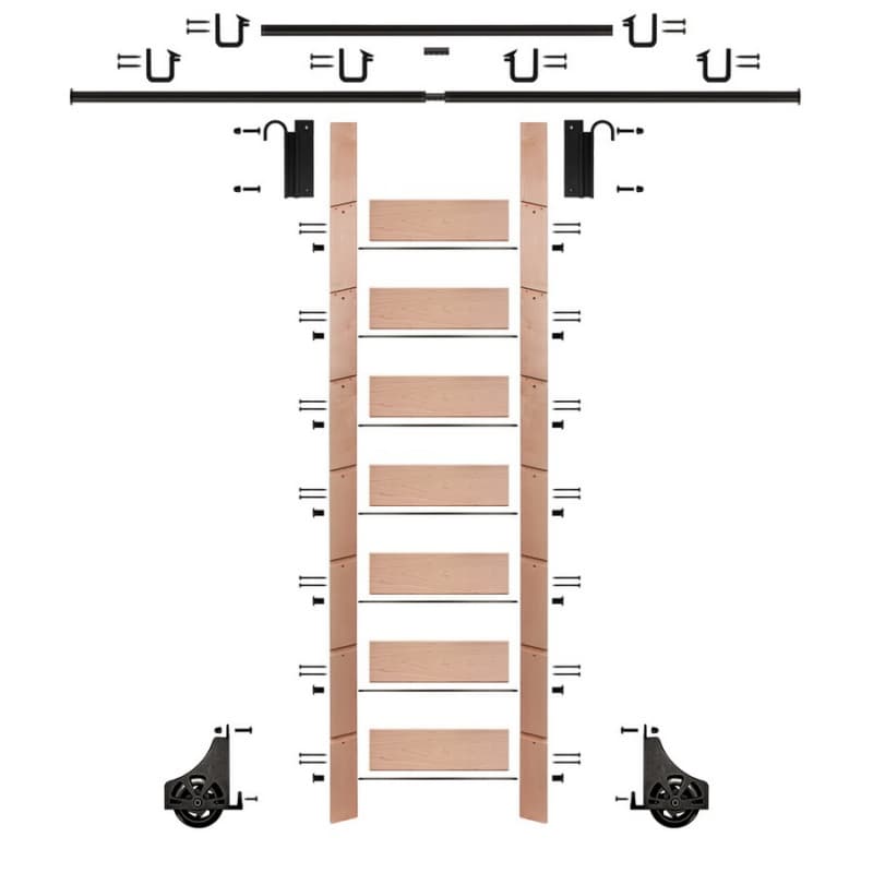 92" Clear Pre-Finished Red Oak Library Ladder/Sliding Hook Ladder Kit with 12' Rail, Black