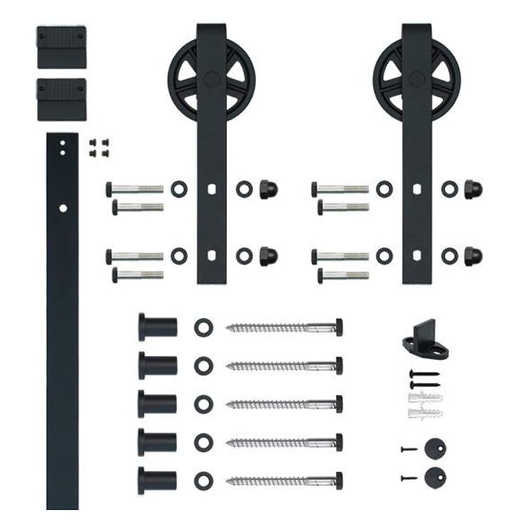 78-3/4" Hook Strap Rolling Barn Door Hardware Kit with Rail & Large Wheel, Black