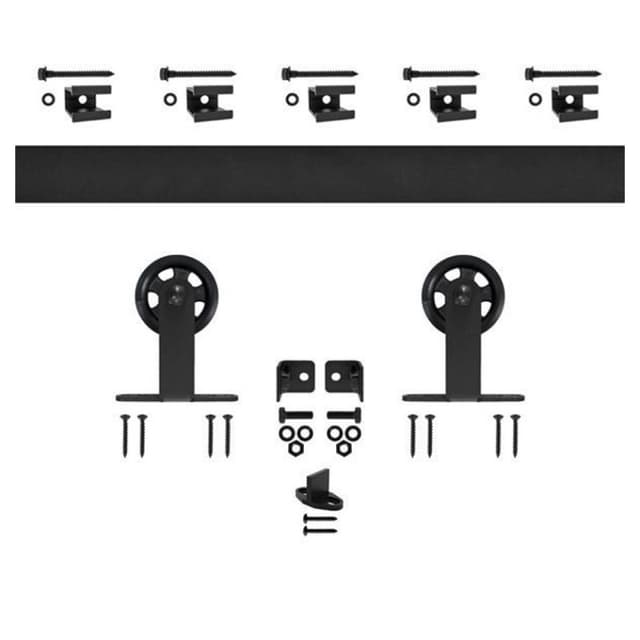 Top Mount Flat Rail Hardware kit with 3" Wheel for Rolling Barn Doors, Black