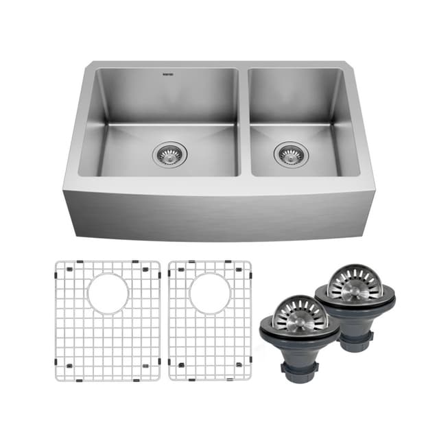 EL-86 Stainless Steel Farmhouse/Apron Front 16G Double Bowl Kitchen Kit, 33" x 22-1/4" x 10