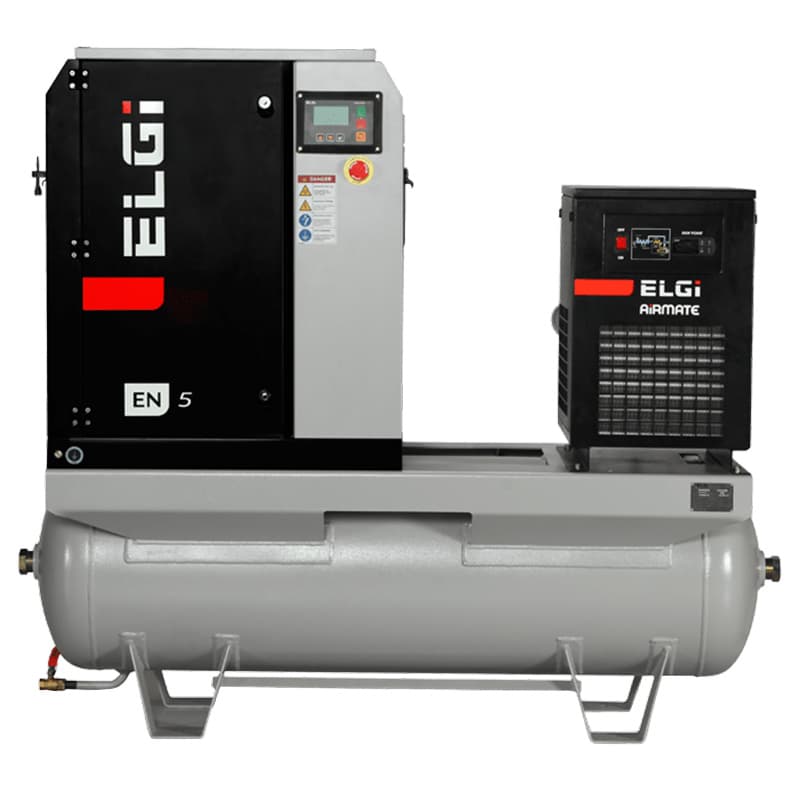 Elgi EN05-125-60T-G2 7.5 HP 208/230/460 Volt Three Phase Rotary Screw Air Compressor Compressor 60 Gallon Horizontal Tank Mount with Dryer- 125 psi
