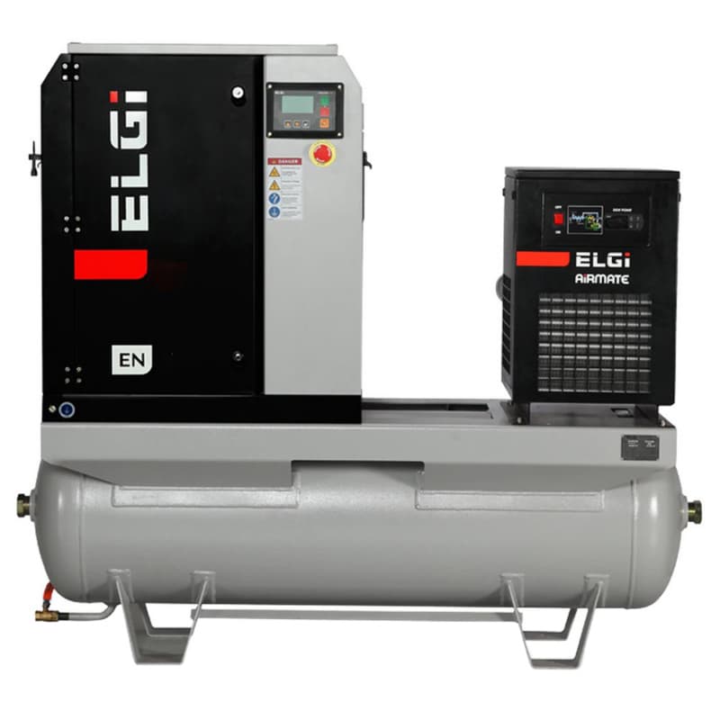 Elgi EN15-125-120T-G2 20 HP 208/230/460 Volt Three Phase Rotary Screw Air Compressor Compressor 120 Gallon Horizontal Tank Mount with Dryer- 125 psi