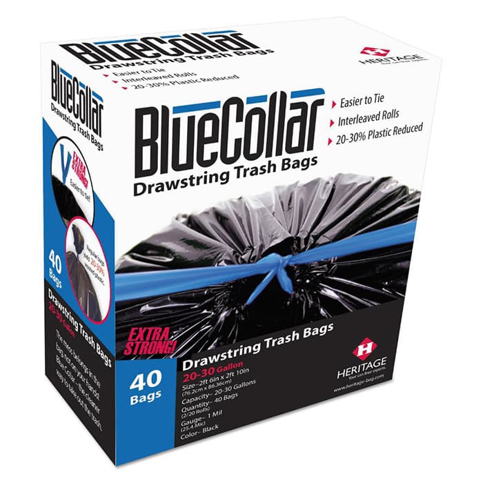 BlueCollar 30 Gallon Drawstring Trash Bag, Black (40/Box)