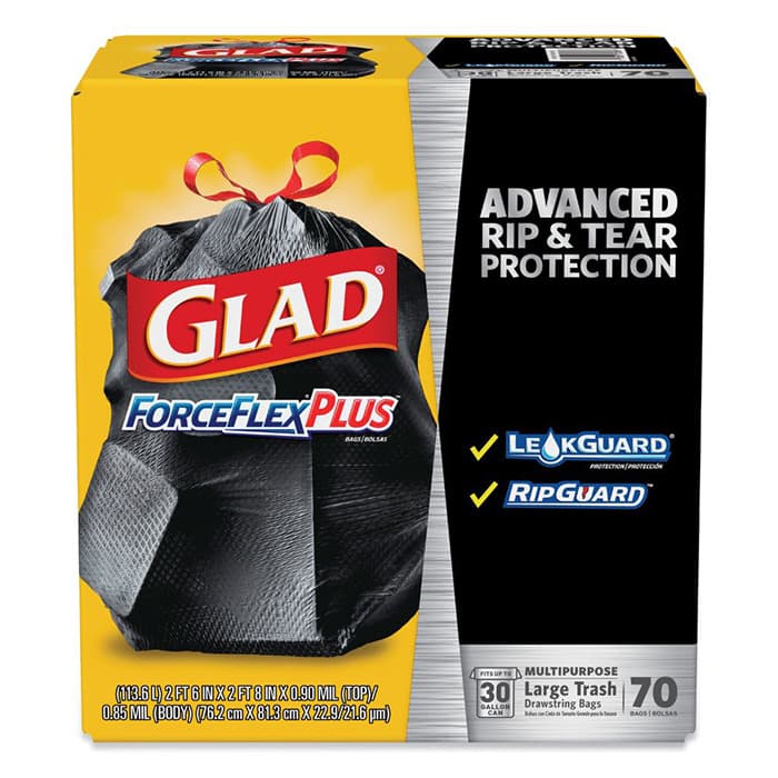 Glad ForceFlexPlus 30 Gallon Drawstring Large Trash Bag, Black (70/Box)