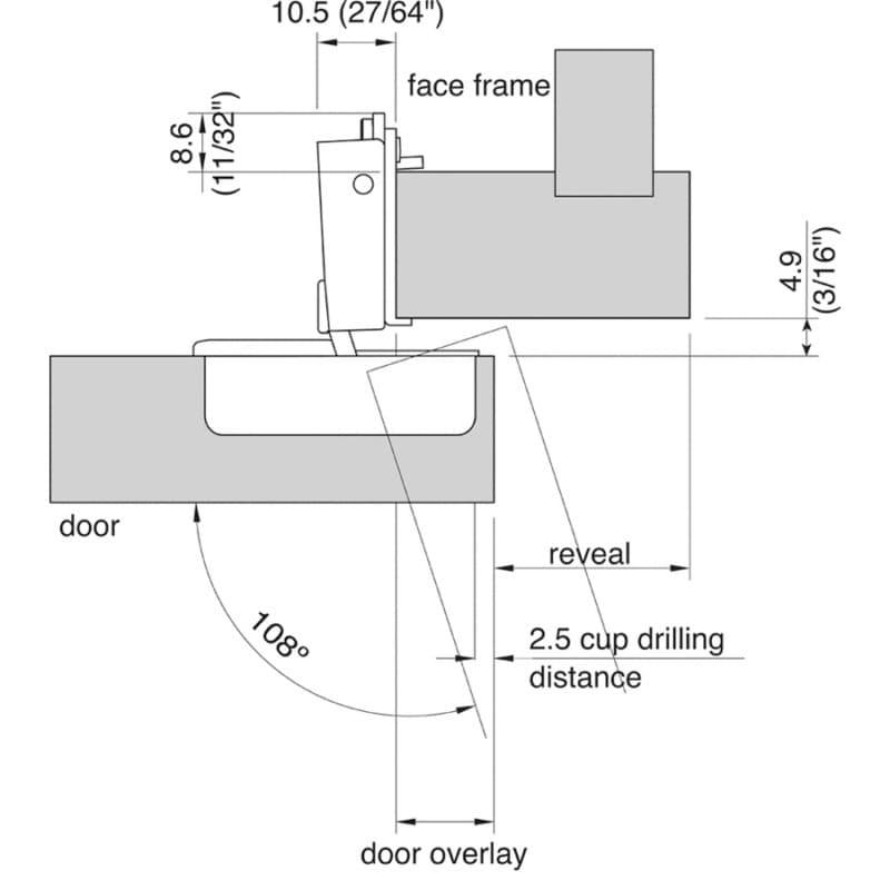 TEC 864 108° Opening Side-Mount Face Frame Hinge, 45mm Boring Pattern, Soft-Closing, 1/2" Overlay, Screw-On