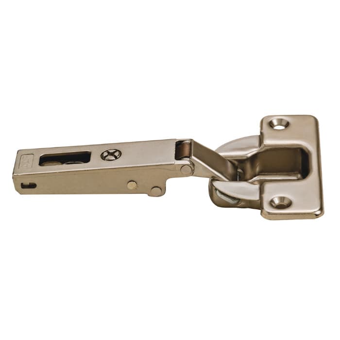 Series F 94° Opening Thick Door Hinge, 52mm Bore Pattern, Self-Closing, Full Overlay, Nickel-Plated, Screw-On