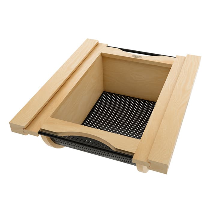 Produce Basket Pullout for 18" Base Cabinets, Blumotion Soft-Closing, Maple with Matt Black Accents