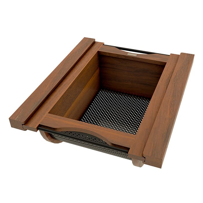 Produce Basket Pullout for 18" Base Cabinets, Blumotion Soft-Closing, Walnut with Matt Black Accents