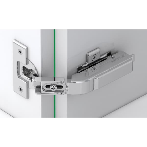 Tiomos Pie-Cut Corner 110° Opening Hinge, 45mm Bore Pattern, Self-Closing, Nickel-Plated, Dowelled