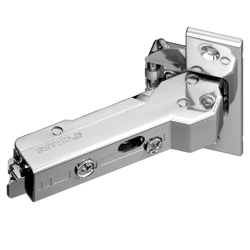 Tiomos +45° Angled Corner 110° Opening Hinge, 45mm Boring Pattern, Soft-Closing, Overlay, Nickel-Plated, Screw-On
