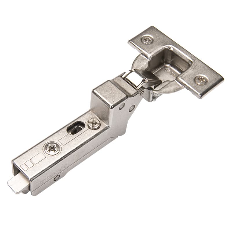 Tiomos +30° Angled Corner 110° Opening Hinge, 45mm Boring Pattern, Self-Closing, Inset, Nickel-Plated, Screw-On