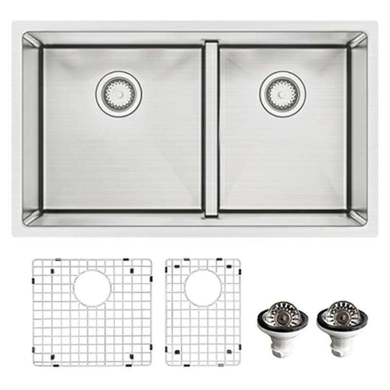 EL-77 Elite Stainless Steel Undermount 16G Double Bowl Kitchen Sink Kit, 32" x 19" x 10"