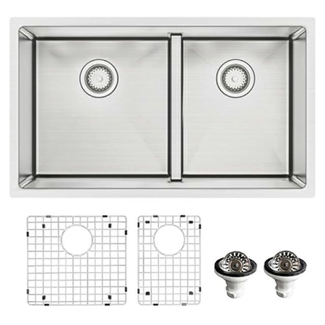 EL-77 Elite Stainless Steel Undermount 16G Double Bowl Kitchen Sink Kit, 32" x 19" x 10"
