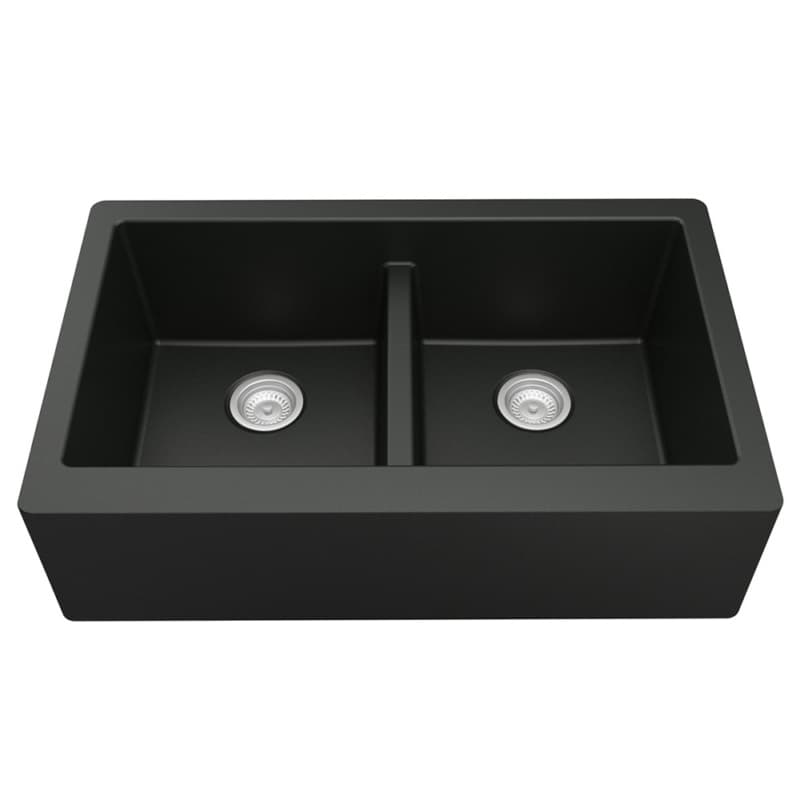 QA-750 Quartz Under Mount Double Bowl with Apron Kitchen Sink, 34" x 21-1/4" x 9", Black