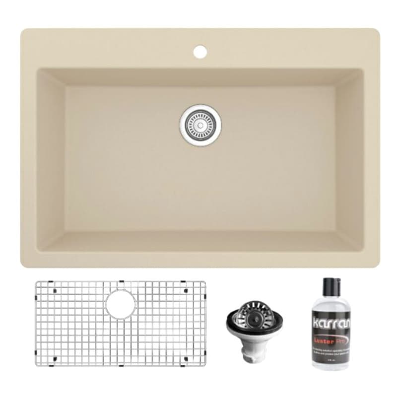 Quartz Top Mount/Drop-In Large Single Bowl Kitchen Sink Kit, 33" x 22" x 9", Bisque