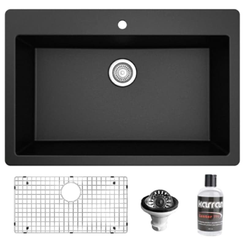 Quartz Top Mount/Drop-In Large Single Bowl Kitchen Sink Kit, 33" x 22" x 9", Black