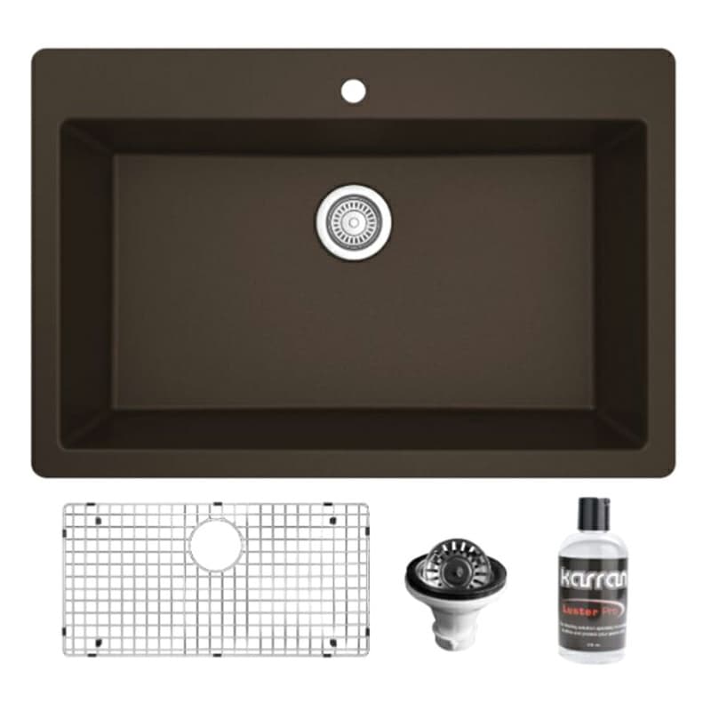Quartz Top Mount/Drop-In Large Single Bowl Kitchen Sink Kit, 33" x 22" x 9", Brown