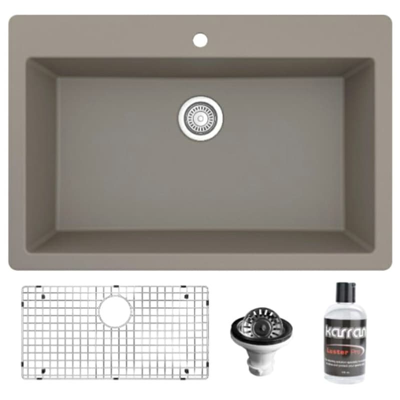 Quartz Top Mount/Drop-In Large Single Bowl Kitchen Sink Kit, 33" x 22" x 9", Concrete