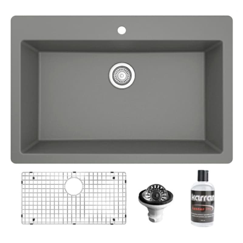 Quartz Top Mount/Drop-In Large Single Bowl Kitchen Sink Kit, 33" x 22" x 9", Gray