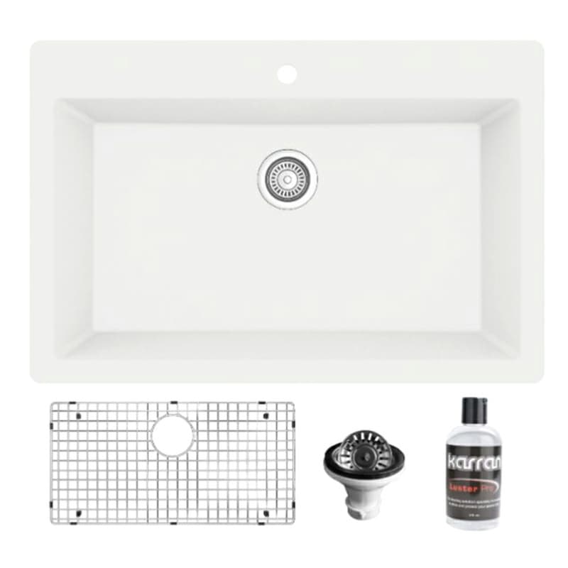 Quartz Top Mount/Drop-In Large Single Bowl Kitchen Sink Kit, 33" x 22" x 9", White