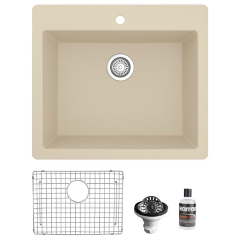 Quartz Top Mount/Drop-In Single Bowl Kitchen Sink Kit, 25" x 22" x 9", Bisque