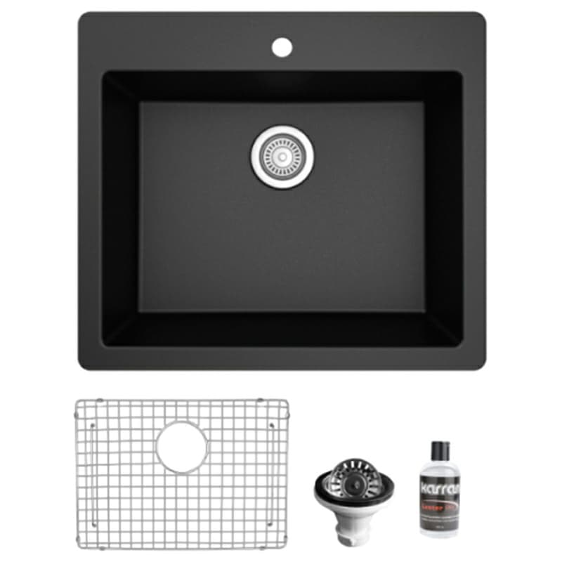Quartz Top Mount/Drop-In Single Bowl Kitchen Sink Kit, 25" x 22" x 9", Black