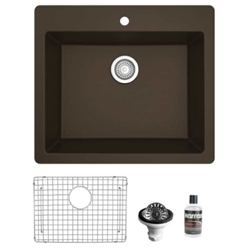 Quartz Top Mount/Drop-In Single Bowl Kitchen Sink Kit, 25" x 22" x 9", Brown