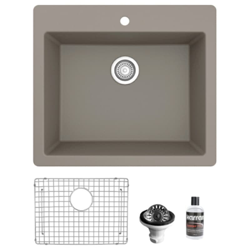 Quartz Top Mount/Drop-In Single Bowl Kitchen Sink Kit, 25" x 22" x 9", Concrete