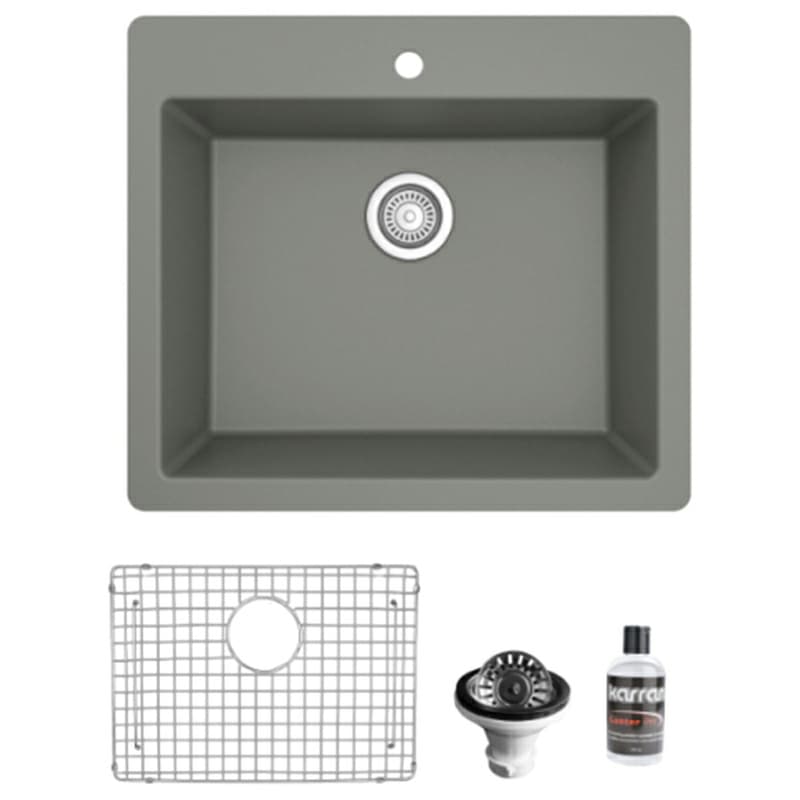 Quartz Top Mount/Drop-In Single Bowl Kitchen Sink Kit, 25" x 22" x 9", Gray