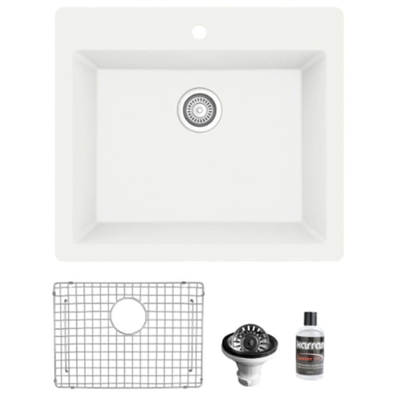 Quartz Top Mount/Drop-In Single Bowl Kitchen Sink Kit, 25" x 22" x 9", White