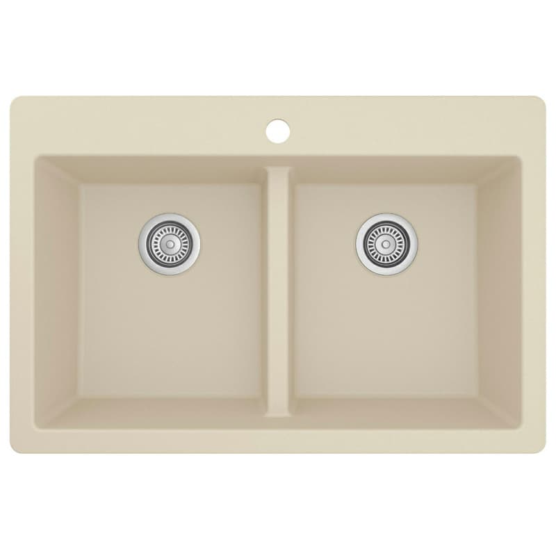 QT-810 Quartz Top Mount Double Equal Bowl Kitchen Sink, 33" x 22" x 9", Bisque