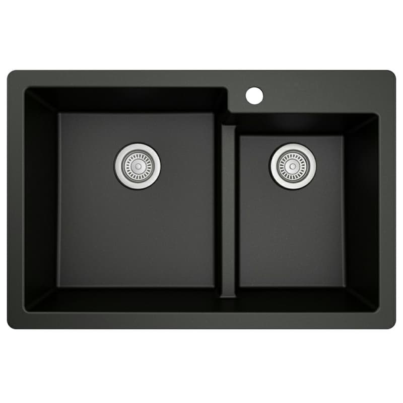 QT-811 Quartz Top Mount Large/Small Bowl Kitchen Sink, 33" x 22" x 9", Black