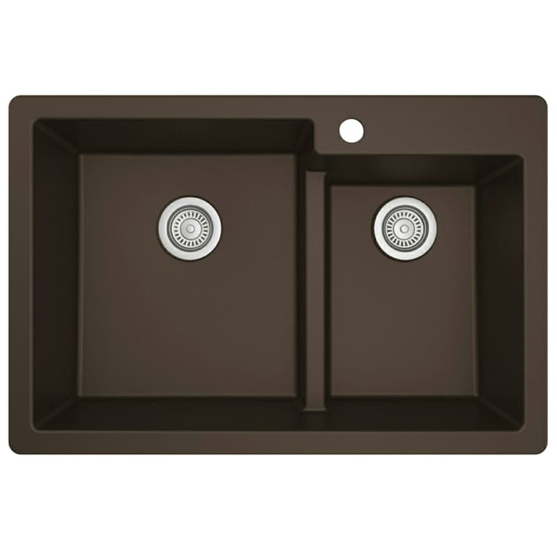 QT-811 Quartz Top Mount Large/Small Bowl Kitchen Sink, 33" x 22" x 9", Brown