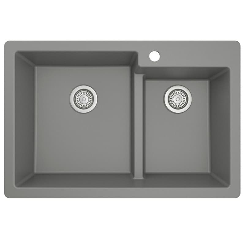 QT-811 Quartz Top Mount Large/Small Bowl Kitchen Sink, 33" x 22" x 9", Gray