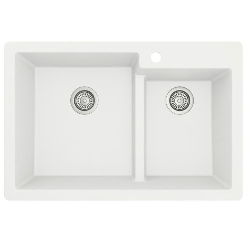 QT-811 Quartz Top Mount Large/Small Bowl Kitchen Sink, 33" x 22" x 9", White